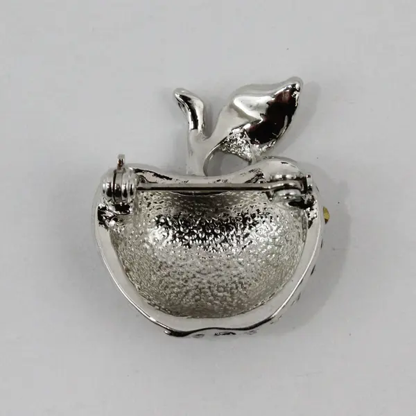 Silver-Tone Rhinestone Apple Brooch Pin Textured Leaf Accent