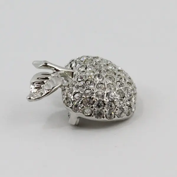 Silver-Tone Rhinestone Apple Brooch Pin Textured Leaf Accent