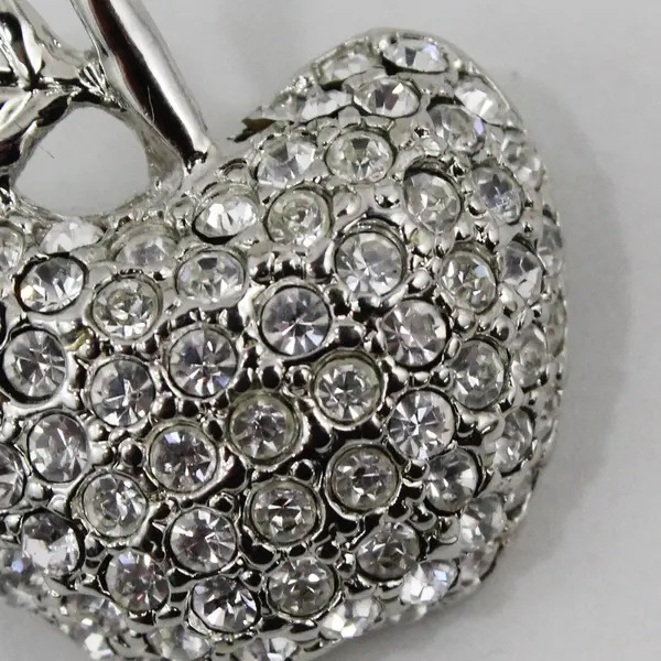 Silver-Tone Rhinestone Apple Brooch Pin Textured Leaf Accent