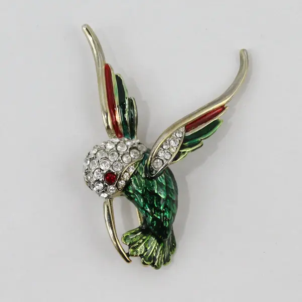 Vintage Hummingbird Brooch Pin Gold Tone Green Enamel Rhinestone