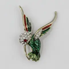Vintage Hummingbird Brooch Pin Gold Tone Green Enamel Rhinestone