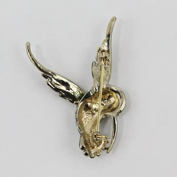 Vintage Hummingbird Brooch Pin Gold Tone Green Enamel Rhinestone