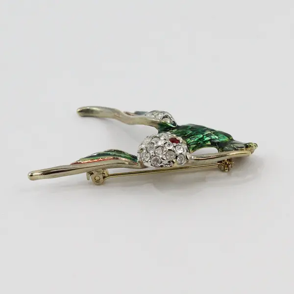 Vintage Hummingbird Brooch Pin Gold Tone Green Enamel Rhinestone