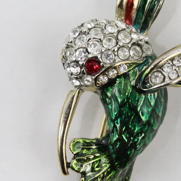Vintage Hummingbird Brooch Pin Gold Tone Green Enamel Rhinestone