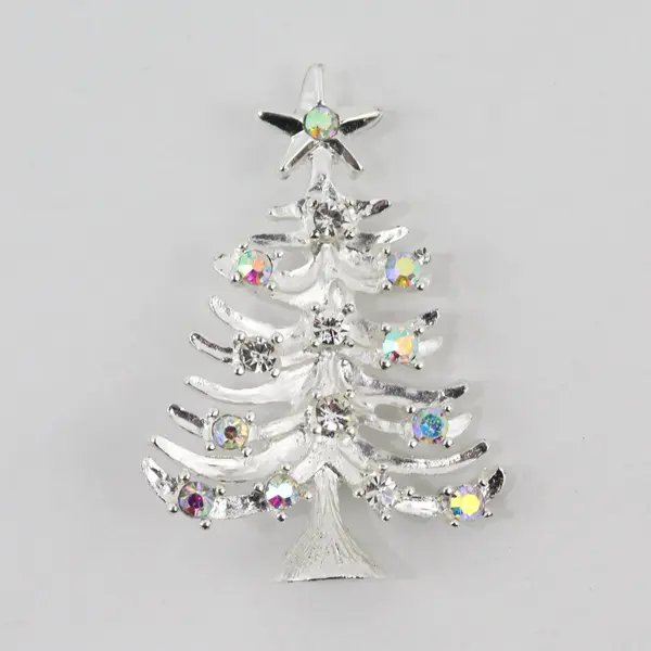 Rhinestone Silvertone Christmas Tree Brooch Pin
