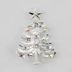 Rhinestone Silvertone Christmas Tree Brooch Pin
