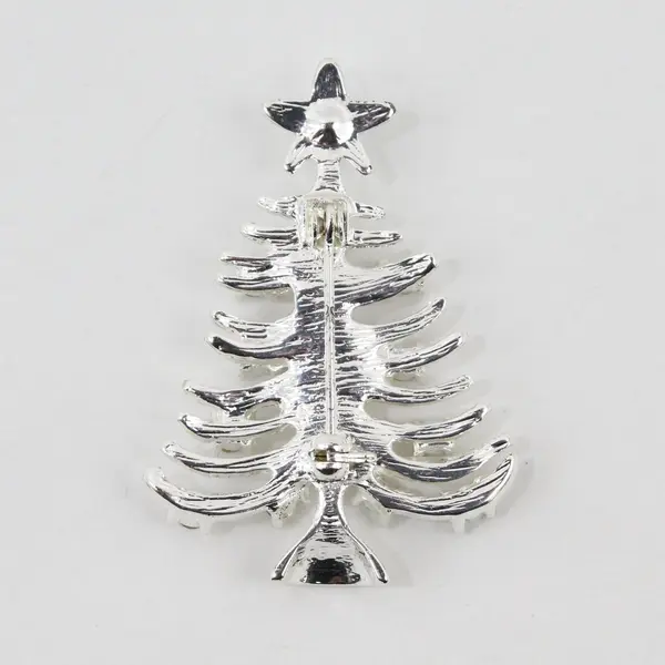 Rhinestone Silvertone Christmas Tree Brooch Pin
