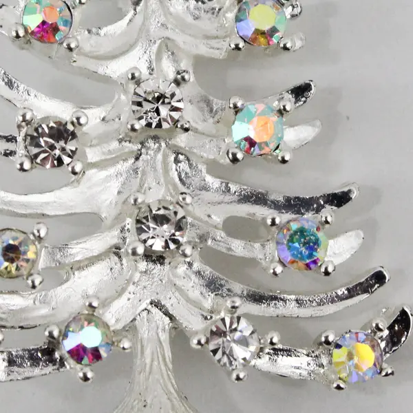 Rhinestone Silvertone Christmas Tree Brooch Pin