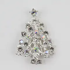 Christmas Tree Rhinestone Silvertone Brooch Holiday Pin