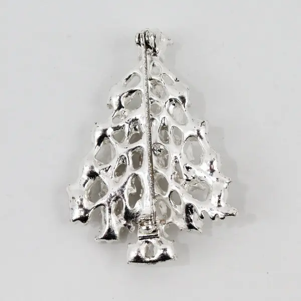 Christmas Tree Rhinestone Silvertone Brooch Holiday Pin