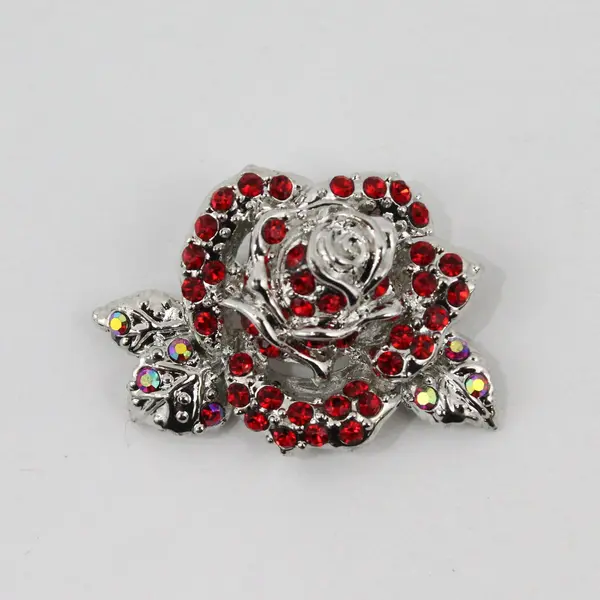 Red Rhinestone Rose Brooch Pin Dimensional Floral Costume Jewelry
