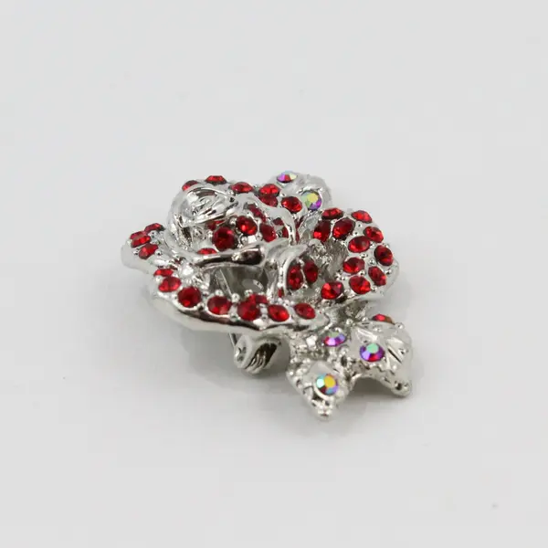 Red Rhinestone Rose Brooch Pin Dimensional Floral Costume Jewelry