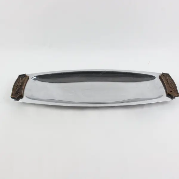 Kromex Vintage Chrome Bread Roll Serving Tray Faux-Wood Handles