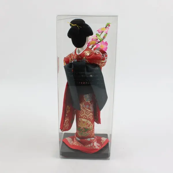 Japanese Plastic Geisha Doll Red Kimono Floral Boxed