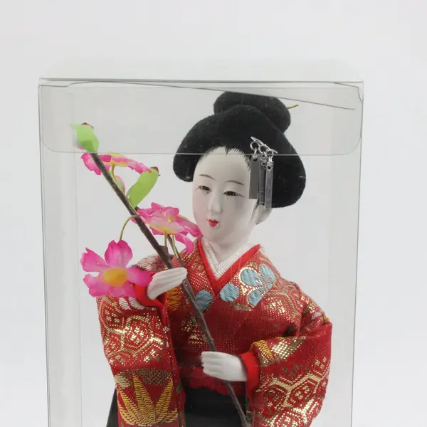 Japanese Plastic Geisha Doll Red Kimono Floral Boxed