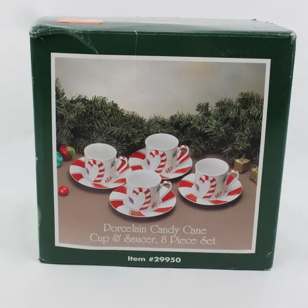 Pacific Rim Porcelain Candy Cane Cup & Saucer Set 8 Piece #29950 Holiday