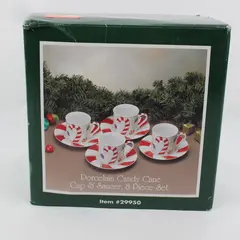 Pacific Rim Porcelain Candy Cane Cup & Saucer Set 8 Piece #29950 Holiday