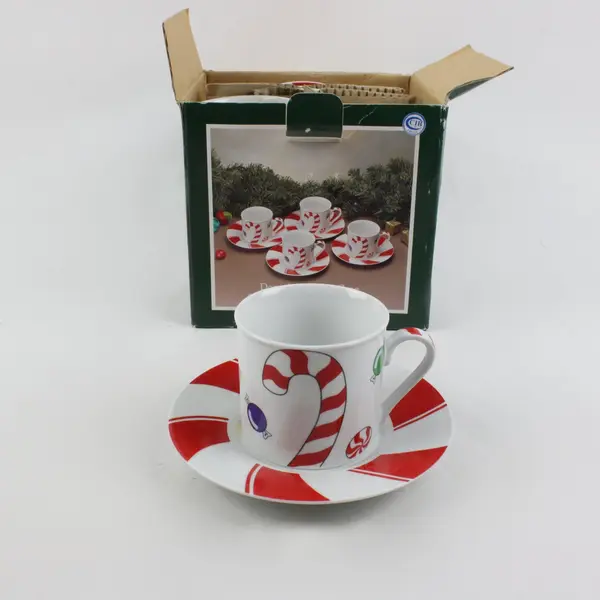 Pacific Rim Porcelain Candy Cane Cup & Saucer Set 8 Piece #29950 Holiday