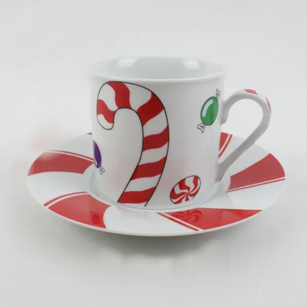 Pacific Rim Porcelain Candy Cane Cup & Saucer Set 8 Piece #29950 Holiday