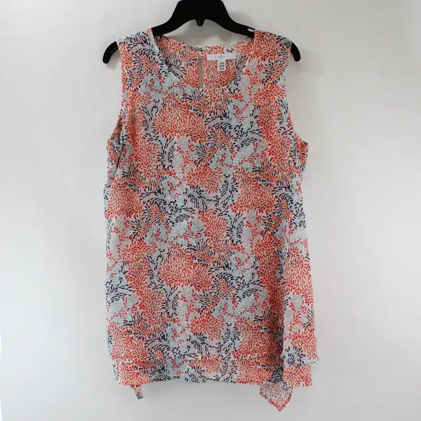 Fever Sleeveless Sheer White Multicolor Print Double Layer Tunic Blouse Medium 