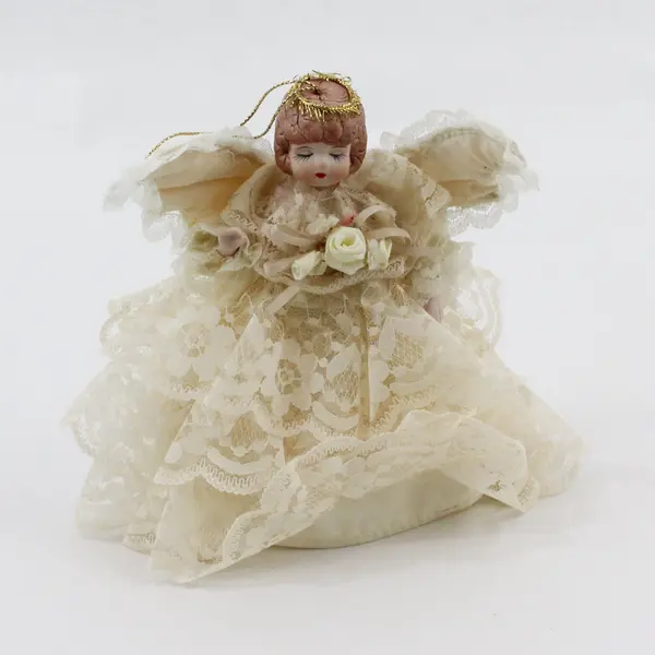 Angel Christmas Tree Topper Ornament Lace Dress Doll Gold Halo Wings 7 1/2 in
