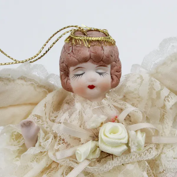 Angel Christmas Tree Topper Ornament Lace Dress Doll Gold Halo Wings 7 1/2 in