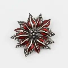 Vintage Red Enamel Poinsettia Flower Brooch Silver Tone w/ Marcasite Accents