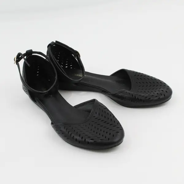MaxMuxun Black Ankle Strap Flats Round Toe Small Oval Cutout Pattern US 8