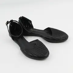 MaxMuxun Black Ankle Strap Flats Round Toe Small Oval Cutout Pattern US 8