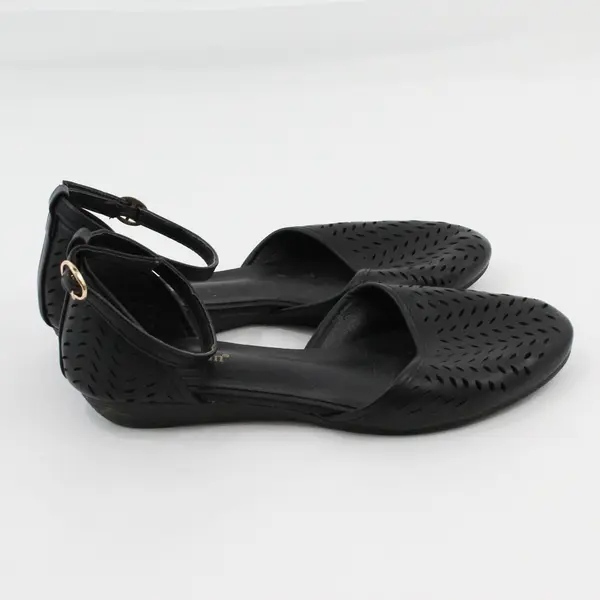 MaxMuxun Black Ankle Strap Flats Round Toe Small Oval Cutout Pattern US 8