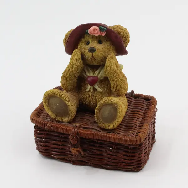Enesco Cherished Teddies Atop A Woven Basket Trinket Box 4.5'' Tall 