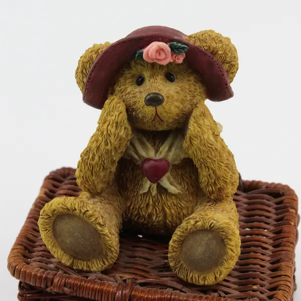 Enesco Cherished Teddies Atop A Woven Basket Trinket Box 4.5'' Tall 
