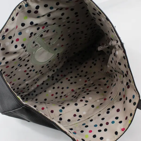 Thirty-One Jewell Tote Black Faux Leather Polka Dot Lining Lime Green B