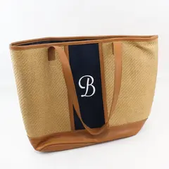 Thirty-One Straw Shoulder Navy Embroidered B Leather Trim Large Summer Beach Bag