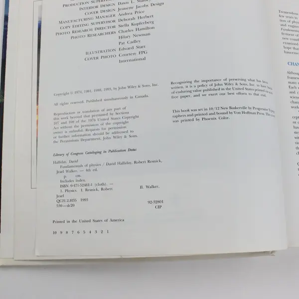Fundamentals of Physics 4th Edition Hardcover Halliday Resnick Jearl Walker