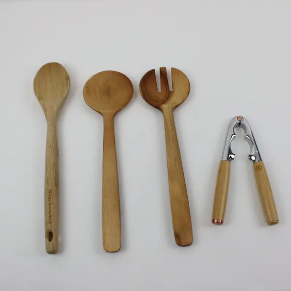 4-Pc Wooden Kitchen Utensil Lot 2 Spoons Serving Fork Nutcracker Mixed Brand