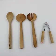 4-Pc Wooden Kitchen Utensil Lot 2 Spoons Serving Fork Nutcracker Mixed Brand