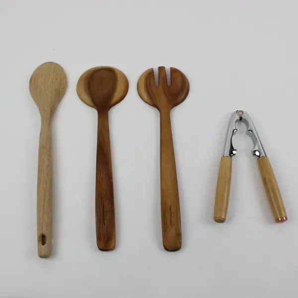 4-Pc Wooden Kitchen Utensil Lot 2 Spoons Serving Fork Nutcracker Mixed Brand