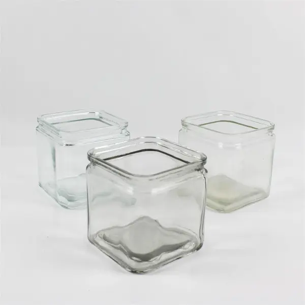 Lot of Three Unbranded Square Glass Jars. Flawed, No Lids. Made in China.
