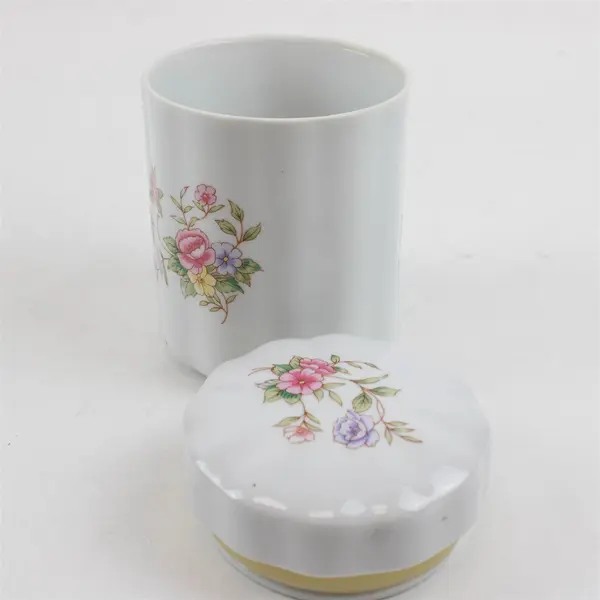 Vintage FTDA Ceramic Pink Floral White Lidded Canister