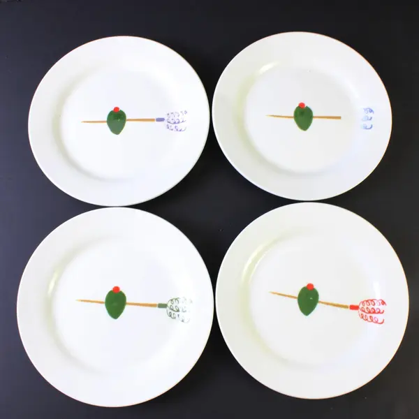 Set of 4 Crate & Barrel Olive & Skewer Tidbit Plates 6.75 in