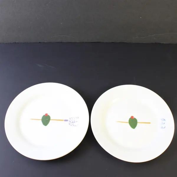 Set of 4 Crate & Barrel Olive & Skewer Tidbit Plates 6.75 in