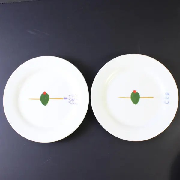 Set of 4 Crate & Barrel Olive & Skewer Tidbit Plates 6.75 in