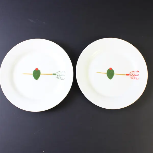 Set of 4 Crate & Barrel Olive & Skewer Tidbit Plates 6.75 in