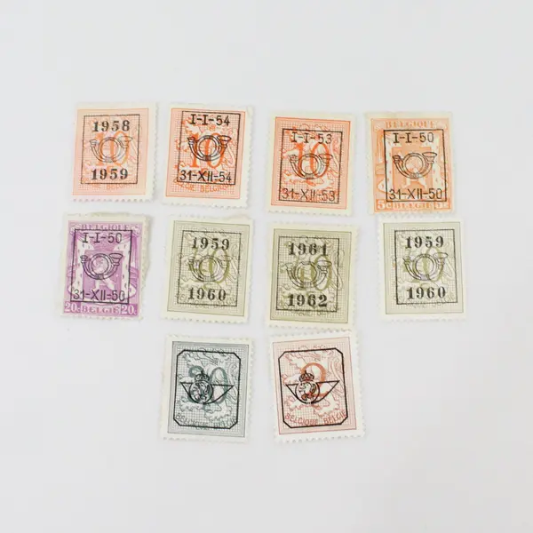 Lot of 10 Belgium 1950s-1960s Posthorn Overprint Stamps Used