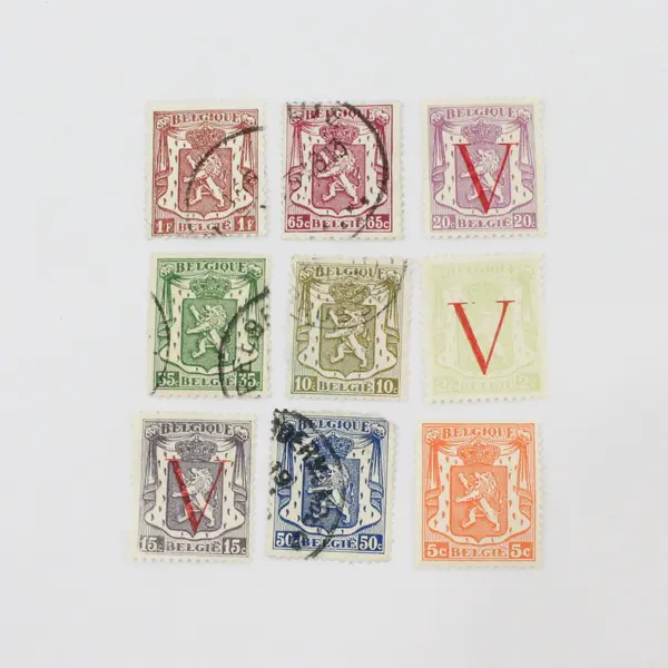 Lot Of 9 Belgium 1930s-1940s Coat Of Arms 2/5/10/15/20/35/50/65c 1f Stamps Used
