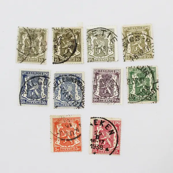 Lot Of 10 Belgium 1930s-1940s Coat Of Arms 5/10/25/35/50/90c Stamps Used
