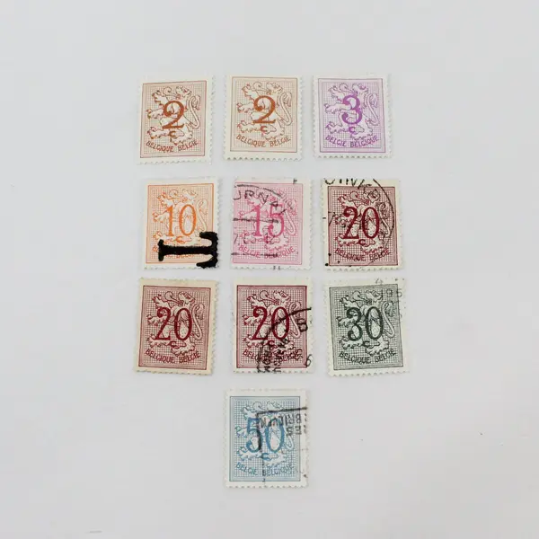 Lot Of 10 Belgium 1950s-1960s Coat Of Arms 2/3/10/15/20/30/50c Stamps Used