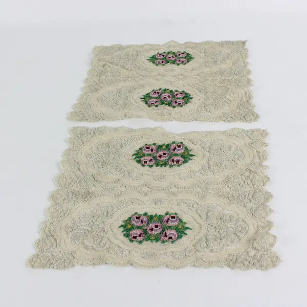 Set of 2 Beige Lace Doilies Floral Cross-Stitch Embroidered Table Decor