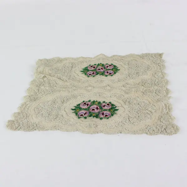 Set of 2 Beige Lace Doilies Floral Cross-Stitch Embroidered Table Decor
